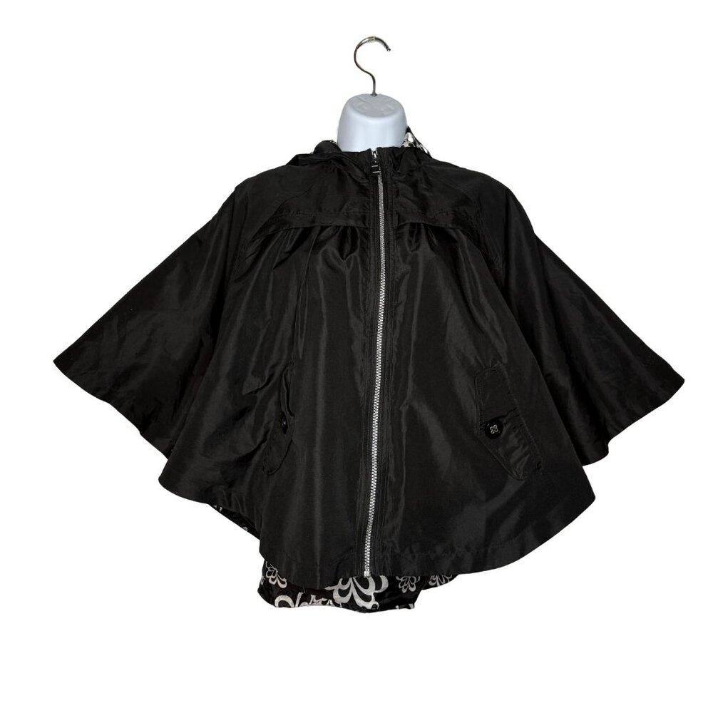Girls hooded poncho/cape rain proof, black with floral lining, pockets SZ M10/12